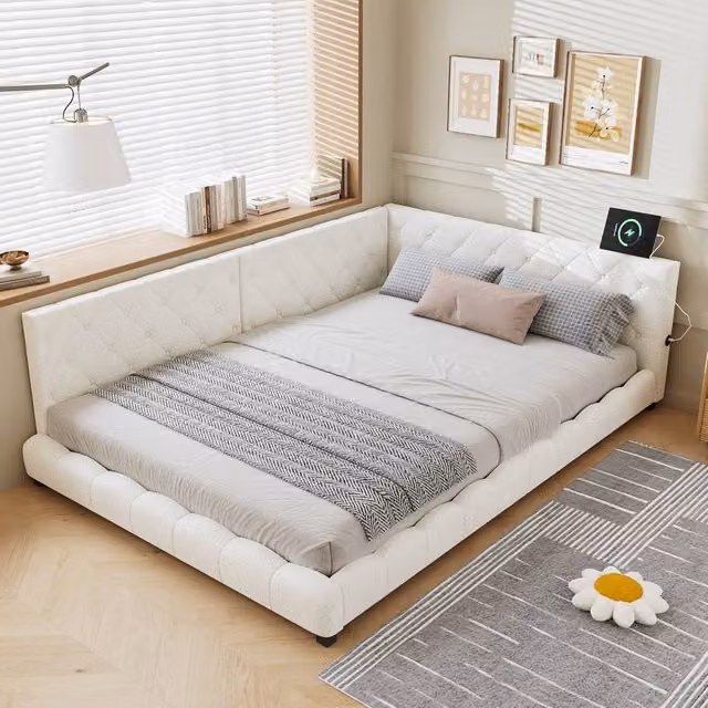 Rolipo Beige Boucle Upholstered Double Bed with Headboard, W: 135 cm, D: 190 cm, H: 66 cm