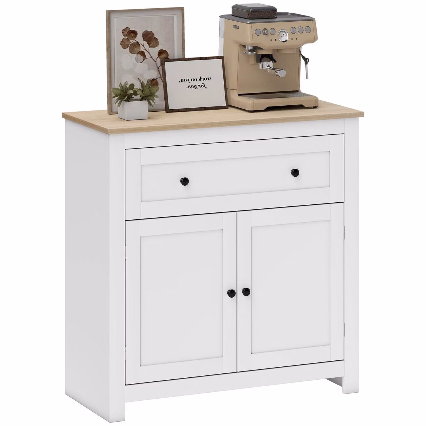 HOMCOM Modern Sideboard Storage Cabinet with Adjustable Shelf and Drawer in White and Oak – 2