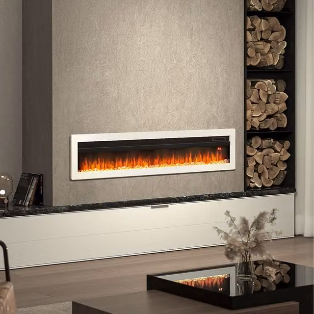 Livingandhome White Electric Fireplace, Recessed, Wall Mounted or Freestanding, Width: 127 cm