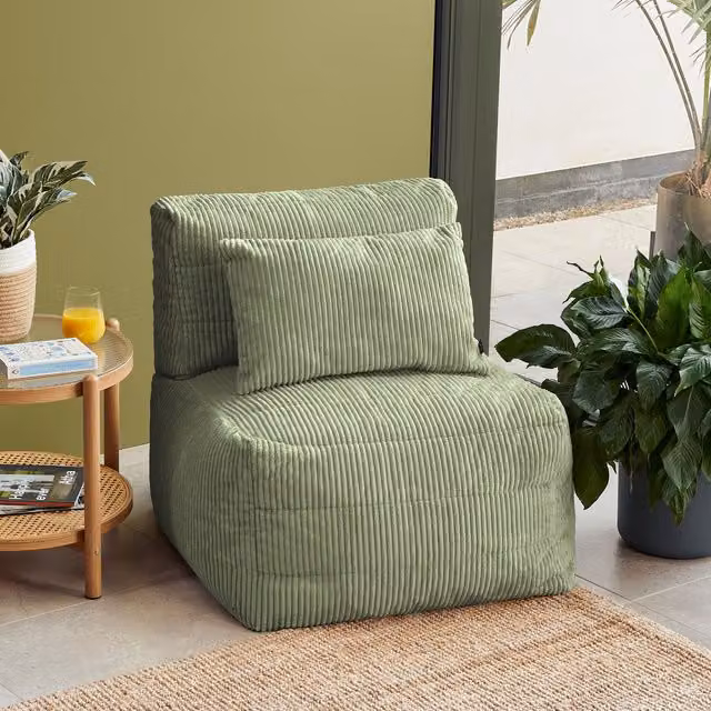 Noa Bean Bag Recliner in Green Jumbo Cord with Removable Cover