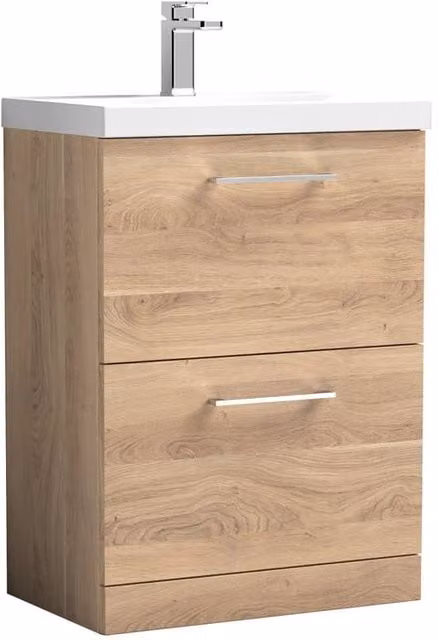 Balterley Modern 2-Drawer Bathroom Floor Standing Vanity and Basin in Bleached Oak Brown, Width: 60 cm