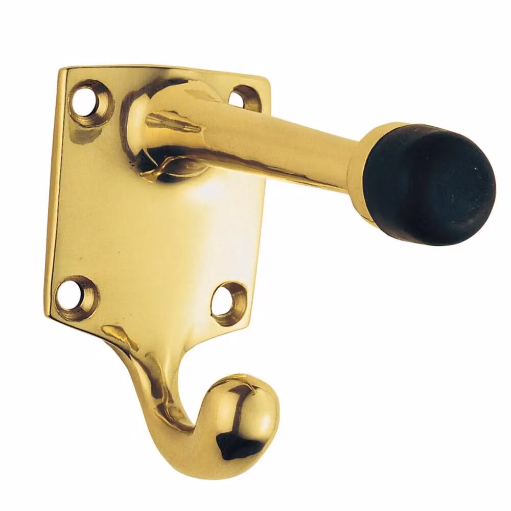 Loops 4x One Piece Hat and Coat Hook with Rubber Buffer in Polished Brass, Projection: 8.8 cm – 2