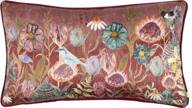 Wylder Nature Meadow Bloom Floral Printed Chenille Rectangular Cushion in Purple and Multicolour