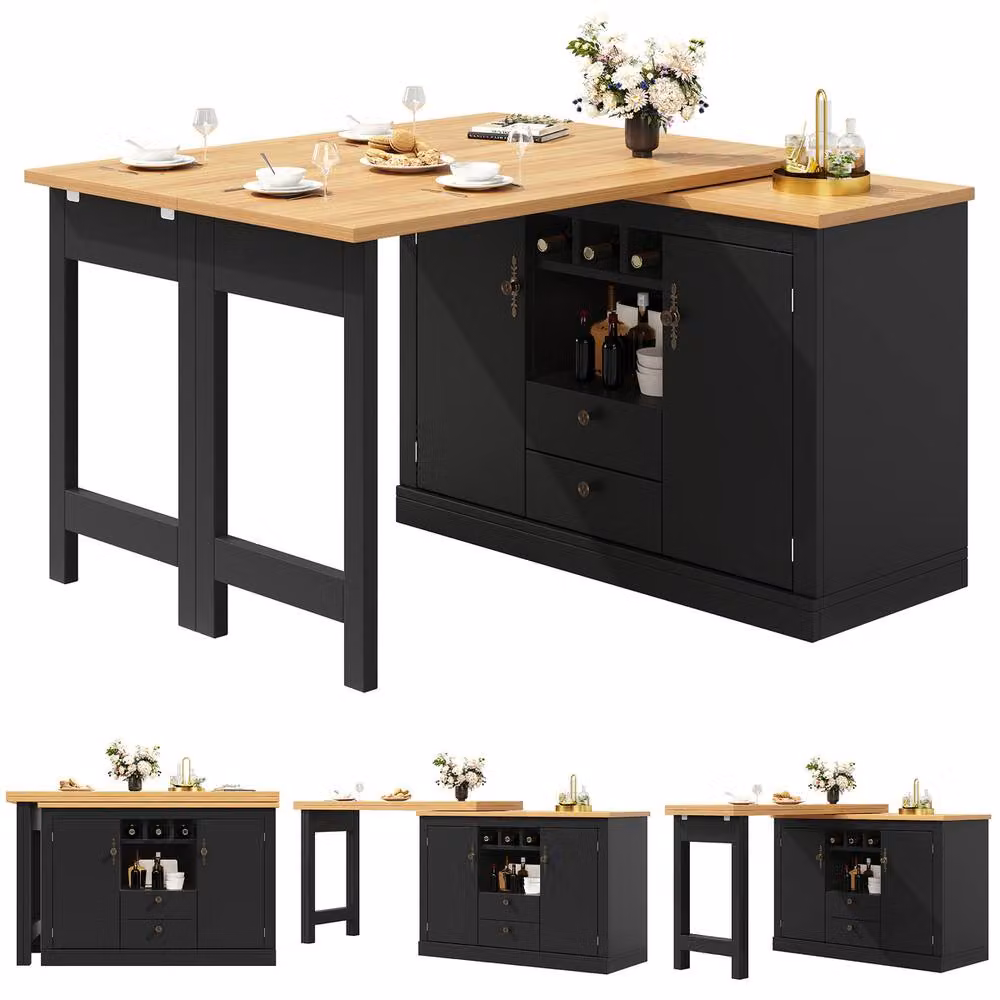 Rolipo Extendable Kitchen Island and Rotating Bar Table with Storage in Matt Black – 7