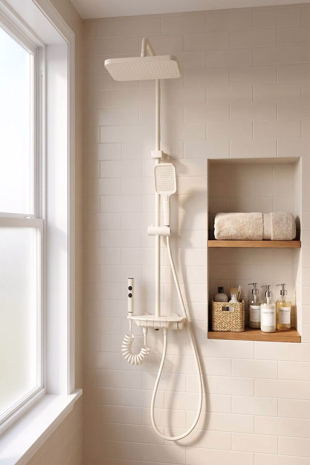 Living and Home Wall-Mounted Piano-Key Panel Shower System Set in Matt White with Overhead and Hand Shower – 2