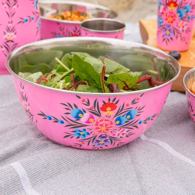 BillyCan 3-Piece Stackable Stainless Steel Picnic Bowl Set in Red and Pink Floral Design