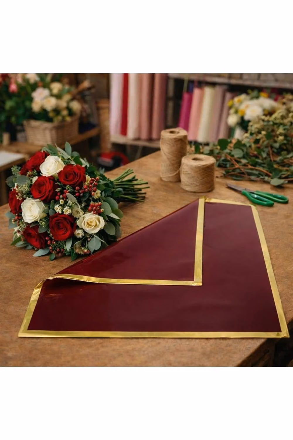 KDMD Korean Style Pre Cut Cello Wrap Sheets in Wine Red with Gold Border – 3