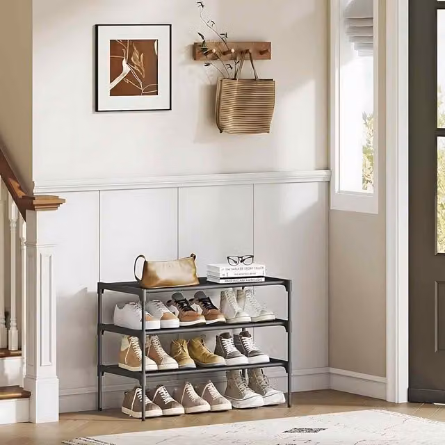 The Bazaarist 3 Tier Shoe Rack with Adjustable Fabric Shelves and Metal Frame, Black