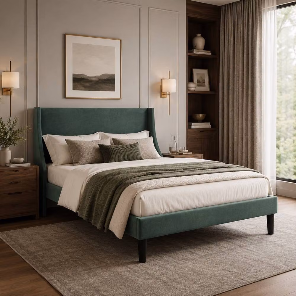 Rolipo Dark Green Velvet Double Bed with Upholstered Frame and Winged Headboard – 3