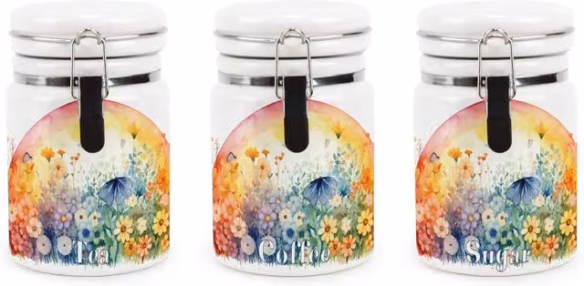 Purely Home Sunrise Flowers Small Ceramic Tea, Coffee and Sugar Storage Canister in Orange, White and Multicolour Floral Design
