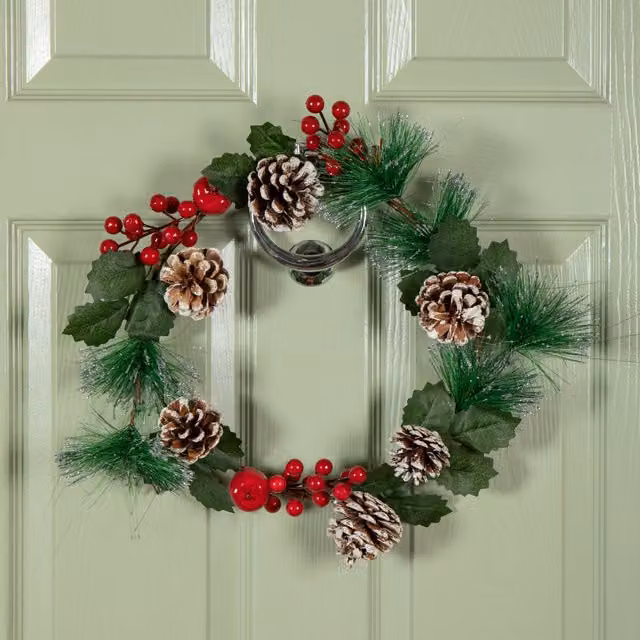 Samuel Alexander Round Hanging Christmas Wreath with Red Berries and Frosted Pinecones, Diameter: 45 cm – 1