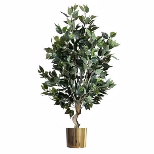 Leaf Premium Artificial Ficus Twist Tree with Gold Planter in Green, Height: 100 cm