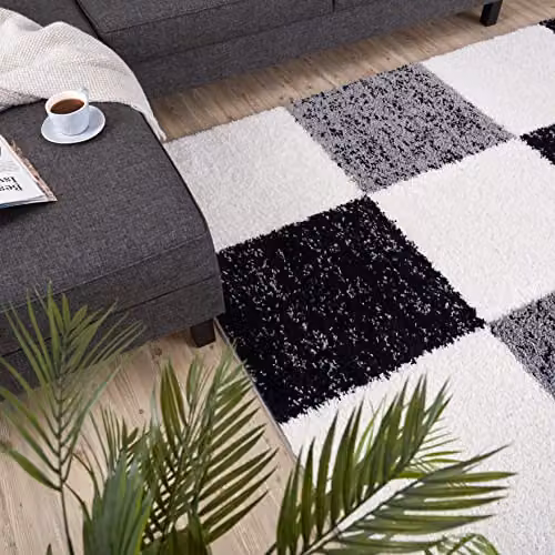 THE RUGS Grey Checked Modern High Pile Shaggy Area Rug, W: 140 cm, L: 200 cm – 7