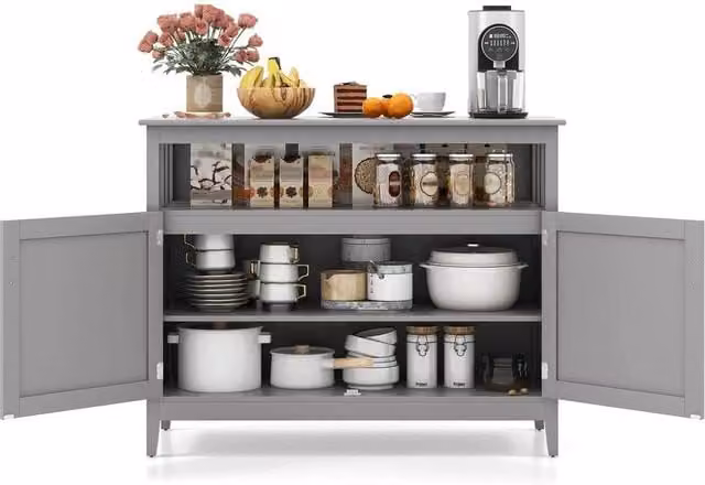 KORVIXA Modern Kitchen Buffet Sideboard and Storage Cabinet in Grey, Width: 100 cm