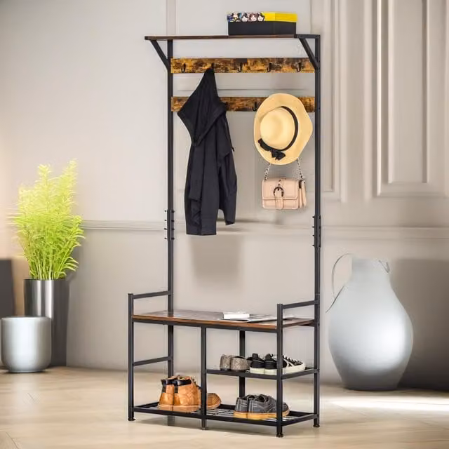 Pirlo Plush Industrial Hall Tree with Bench and 9 Hooks, Brown, H 180 x W 80 x D 34.5 cm