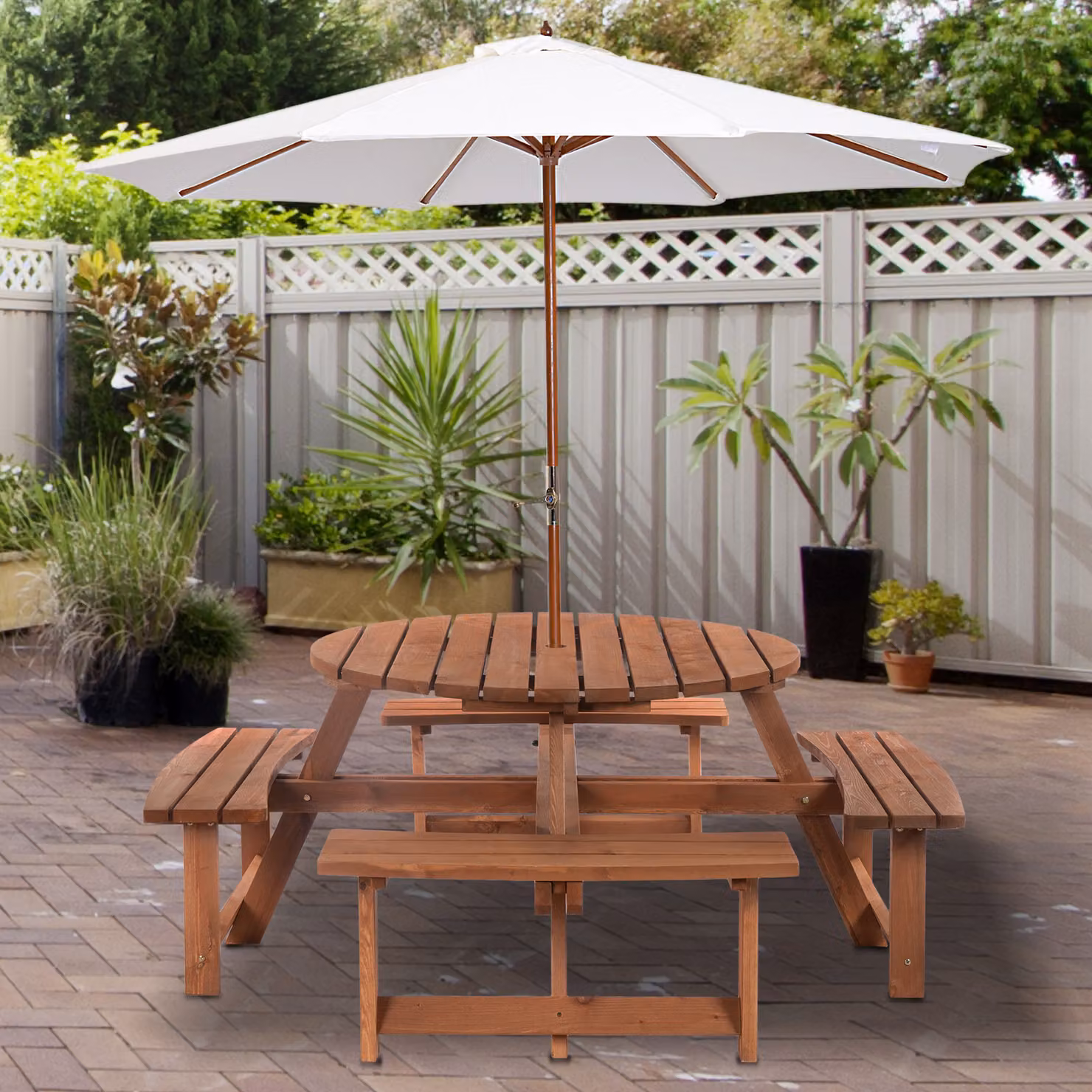 Outsunny 8 Seater Round Wooden Picnic Table and Bench Set in Rustic Brown – 2