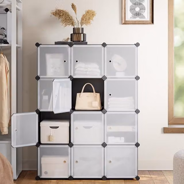 SONGMICS 12-Cube Stackable Storage Unit and Shoe Rack with Hinged Doors in Black