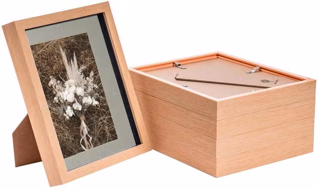Nicola Spring Pack of 5 Rectangular 3D Box Photo Frames in Light Wood and Grey with 5 x 7 inch Mounts