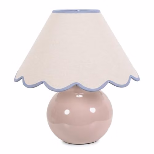 ValueLights Stone Natural Ceramic Table Lamp with Blue Trim Scallop Fabric Lampshade and Included LED Bulb in White and Blue – 1