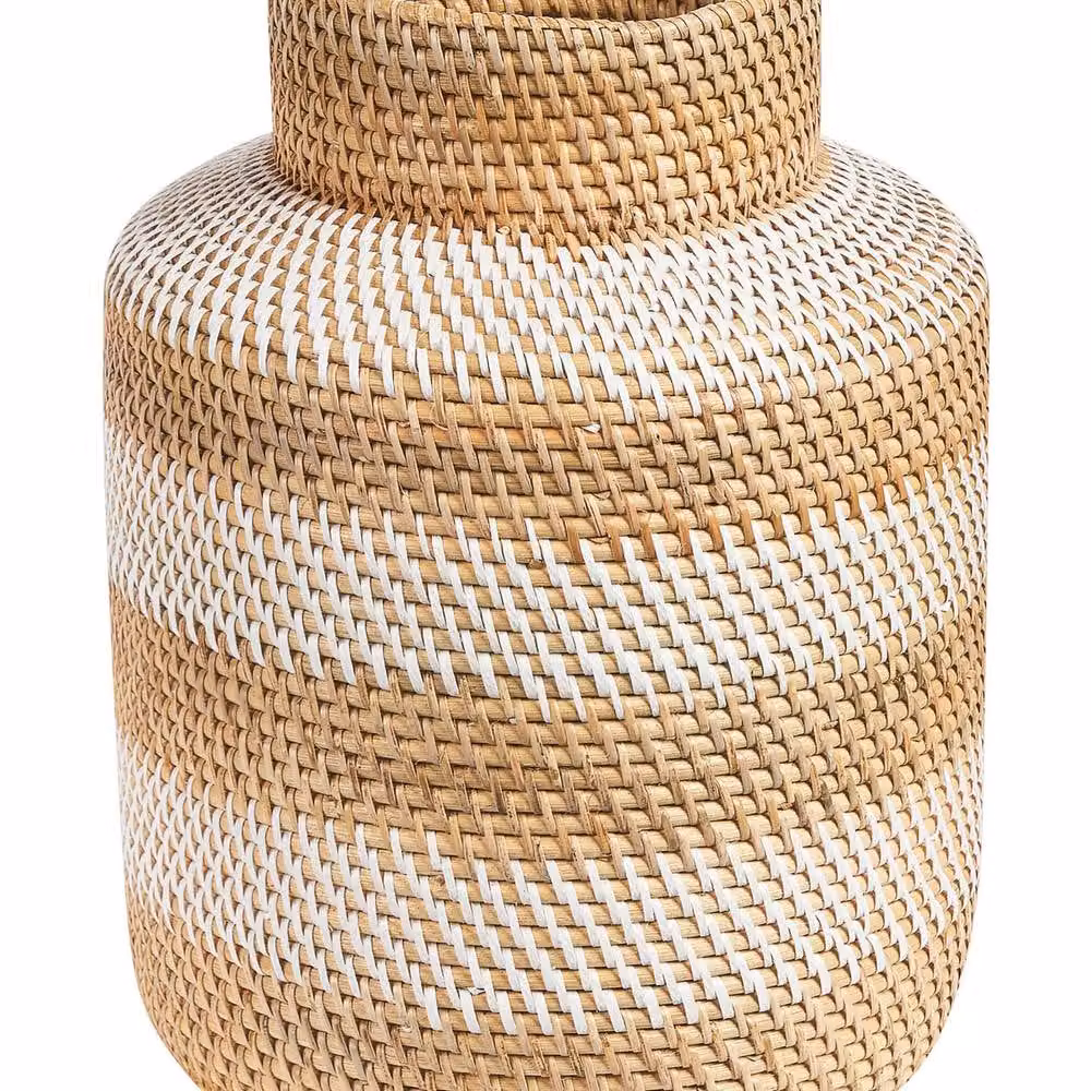 Wyld and Coco Handmade Round Rattan Tabletop Vase in Beige and White, W: 26 cm, D: 26 cm, H: 36 cm – 2