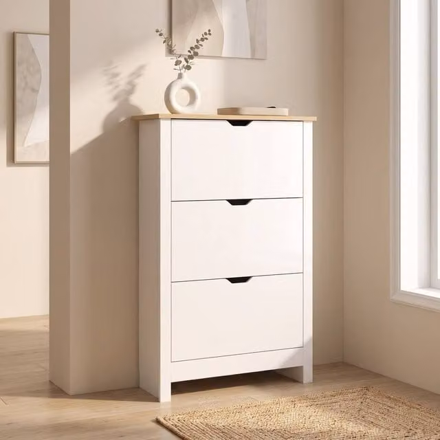 STILVORA Narrow White Shoe Cabinet with 3 Tilting Compartments and Internal Shelves