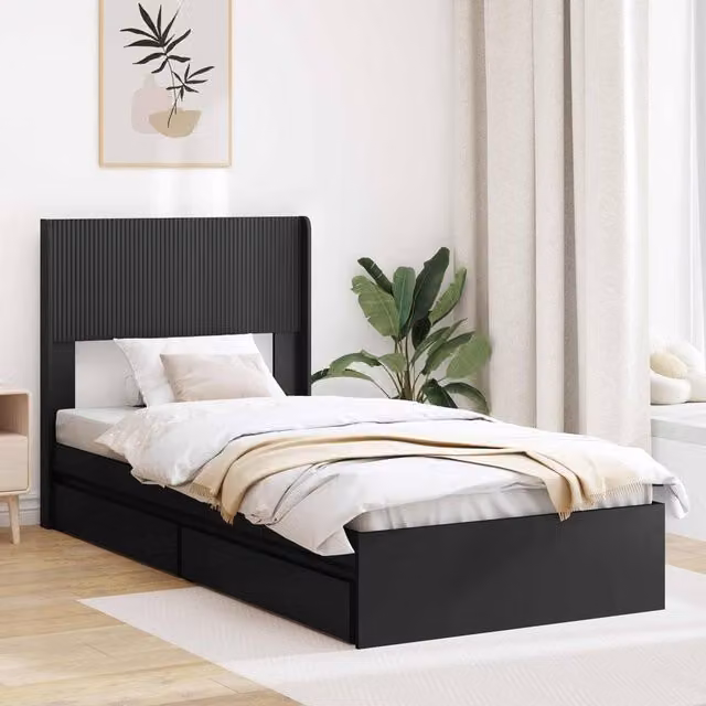 Berkfield Home Modern Bed Frame with Headboard and Side Compartment Storage in Black W/D/H: 190 x 75 x 75 cm