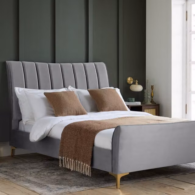 Birlea Clover Upholstered Velvet Bed in Grey and Gold, W/D/H: 120 x 200 cm