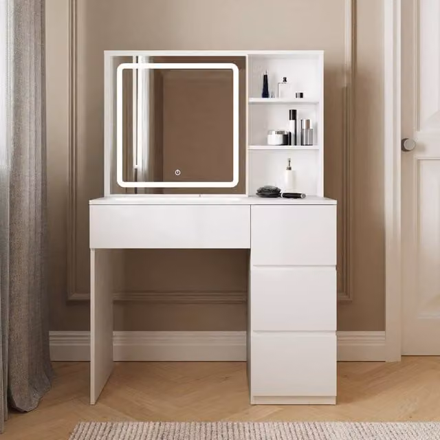 GFW Maeve White Sliding Mirror Dressing Table with LED Hollywood Mirror and Hidden Storage, W/D/H: 135.1 x 40.0 x 90.0 cm