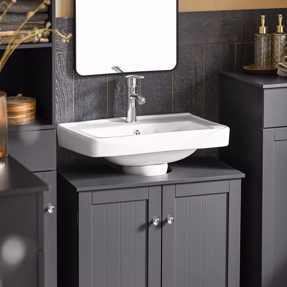 SoBuy Under Sink Bathroom Cabinet with Hinged Doors and Internal Shelves, Dark Grey, H: 60 cm – 3