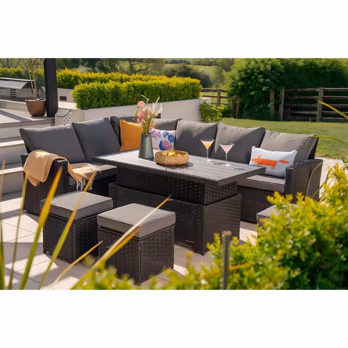 Furniture Maxi Rosen 9 Seater Rattan Garden Dining Set with Lift-Up Table and 3 Stools in Black – 2