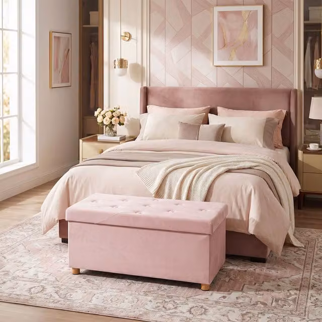 HOMCOM Pink Velvet Upholstered Foldable Ottoman Footrest with Wood Legs