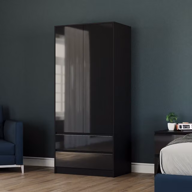 Vida Designs Glinton Modern Black Glossy FSC Wardrobe with 2 Doors and 2 Drawers
