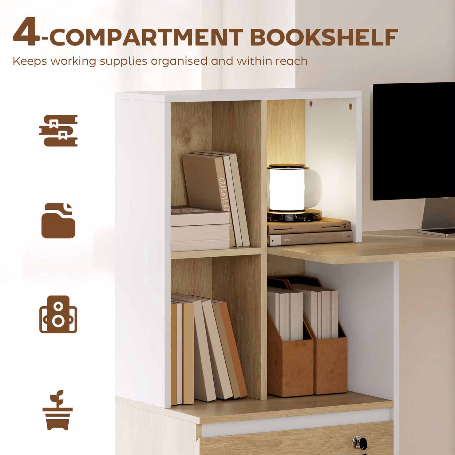 HOMCOM Computer Desk with Bookshelf, File Drawer and Legal Hanging File Holders in Brown Oak Wood Effect – 3