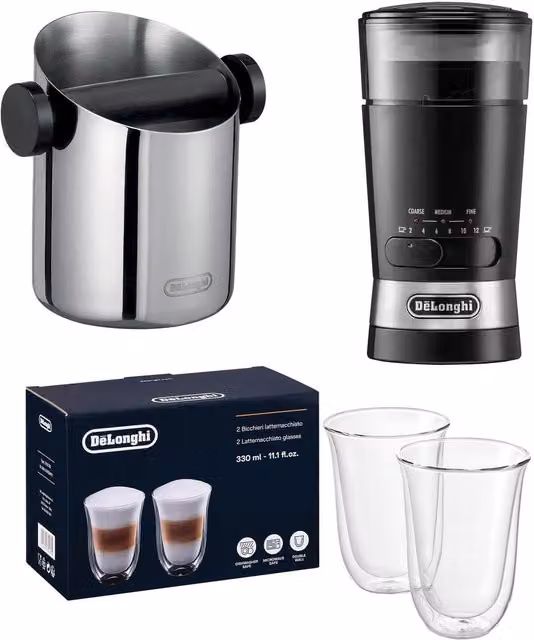 De'Longhi Knock Box, Grinder and Latte Glasses Set in Stainless Steel, Silver and Black