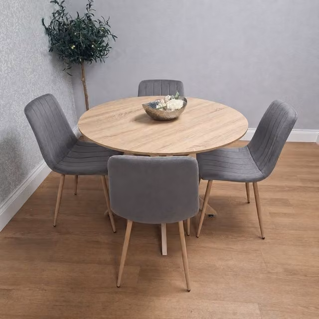 Kosy Koala Round Dining Table with 4 Grey Chairs and Brown Wood Effect X-Frame Legs