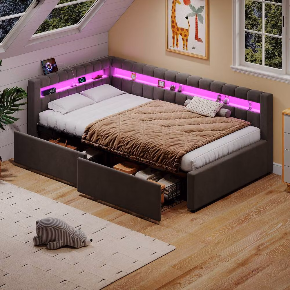 Matteo Modern Single Velvet Daybed in Grey with LED Lighting, USB Charging and Under-bed Storage Drawers, W/D/H: 90 x 190 cm – 2