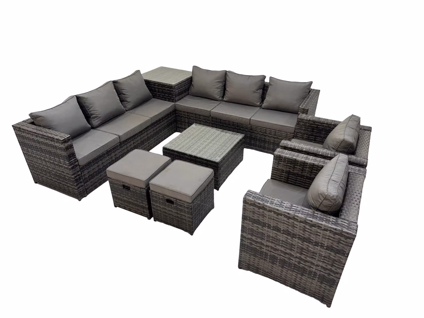 Fimous Garden 10 Seater L-Shape Rattan Outdoor Furniture Set in Dark Grey with Upholstered Cushions, Coffee Table and Ottoman – 2