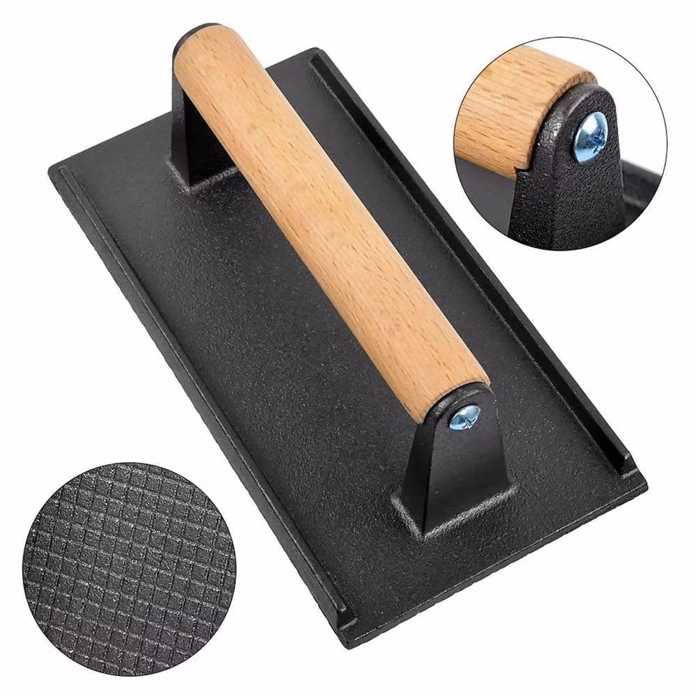 NESTLUNE Black Cast Iron and Wood Heat Resistant Burger and Steak Press – 3