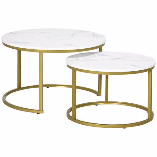 HOMCOM Set of 2 Round Nest of Tables with White Glossy Tops and Gold Metal Frame