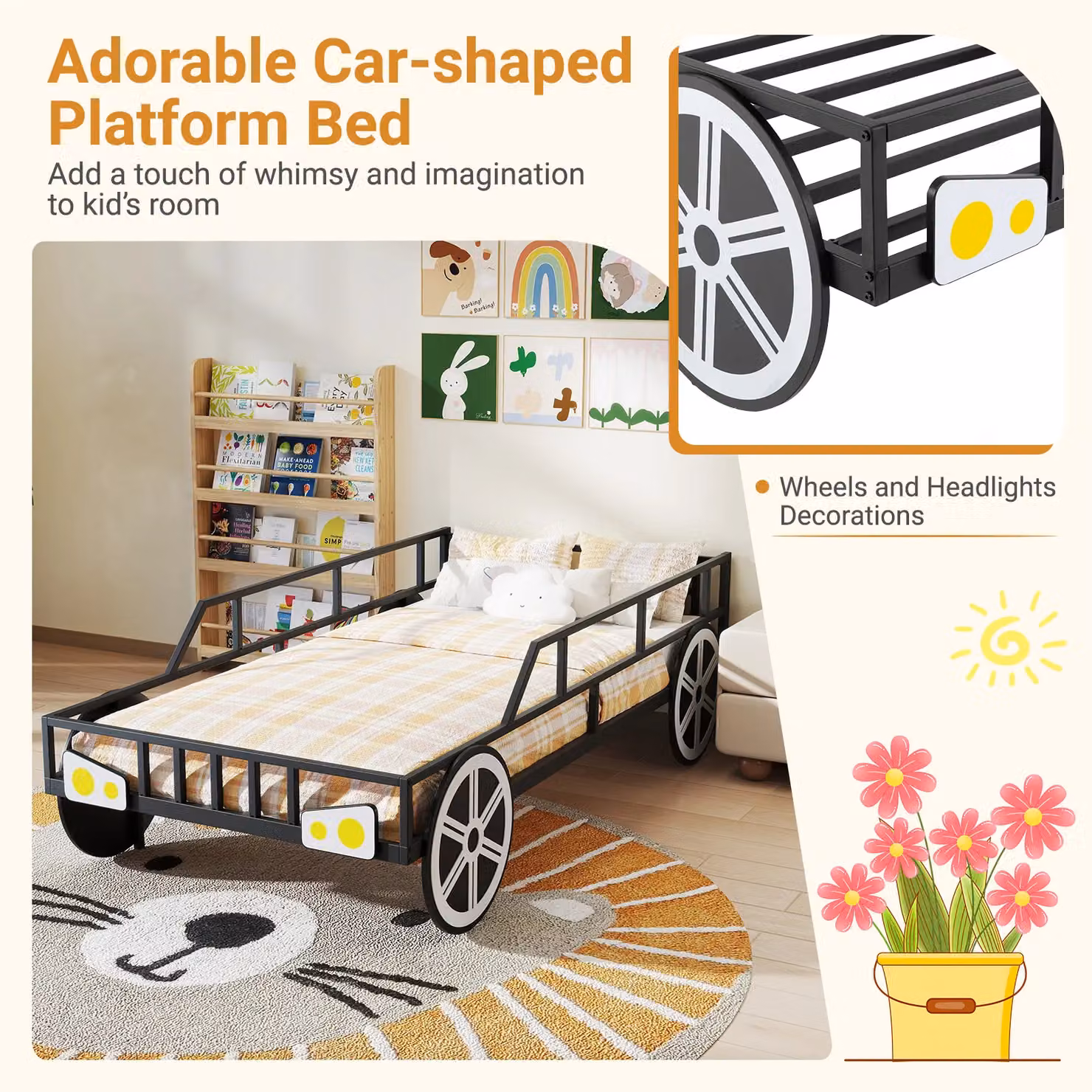 Costway Metal Car-Shaped Single Platform Bed Frame for Children in Black, W/D/H: 90 x 200 cm – 5