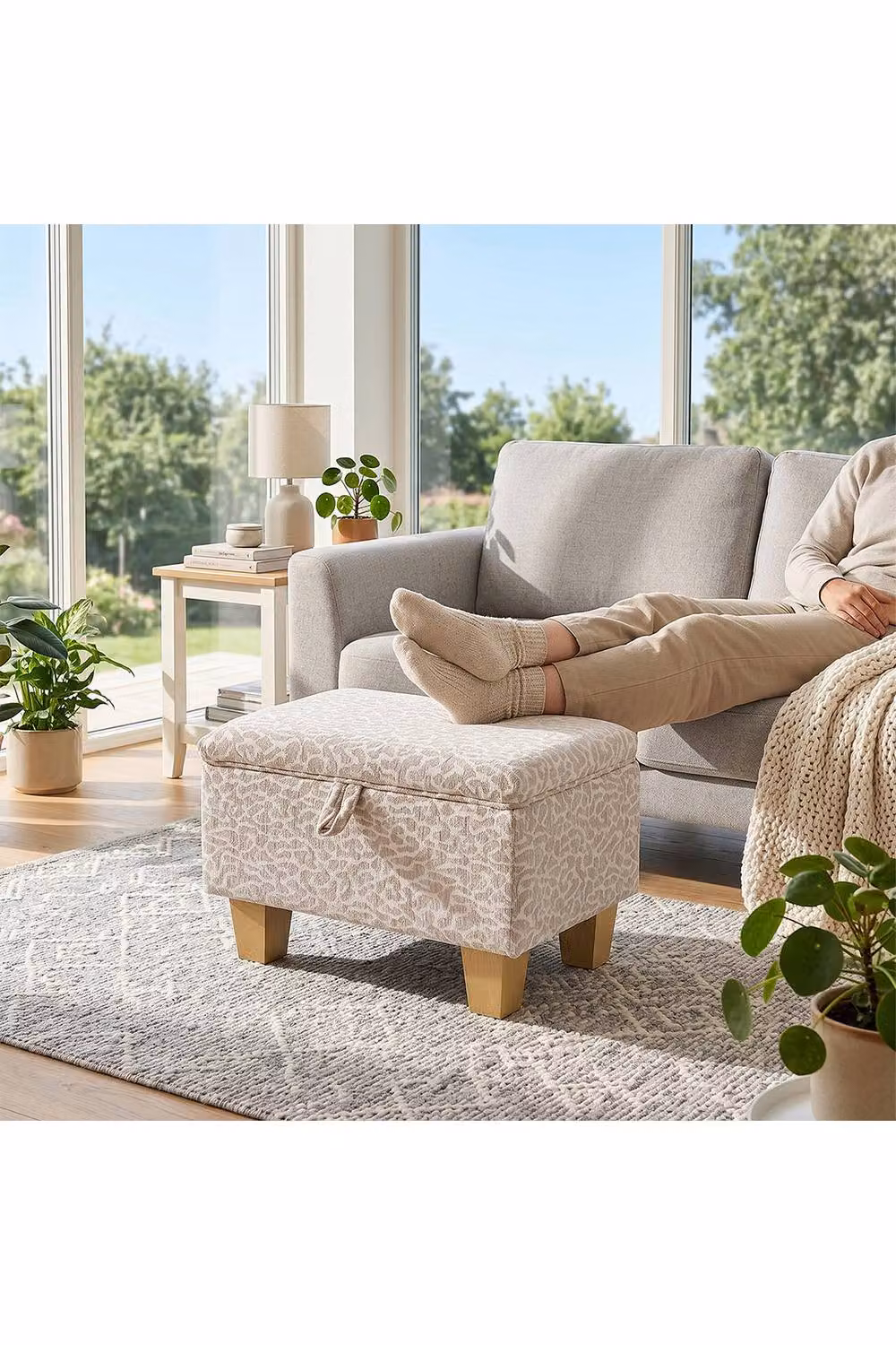 Living and Home Linen Upholstered Rectangular Storage Ottoman in Beige – 2