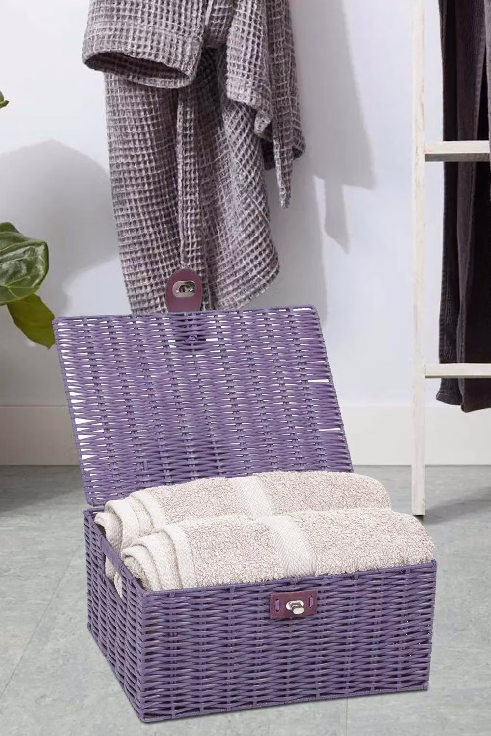 Arpan Large Resin Woven Storage Basket with Lid and Lock in Purple – 8