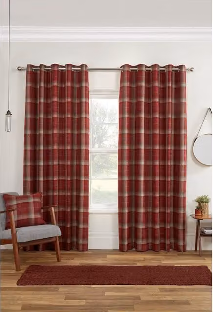 Sundour Red Checked Blackout Thermal Eyelet Curtains