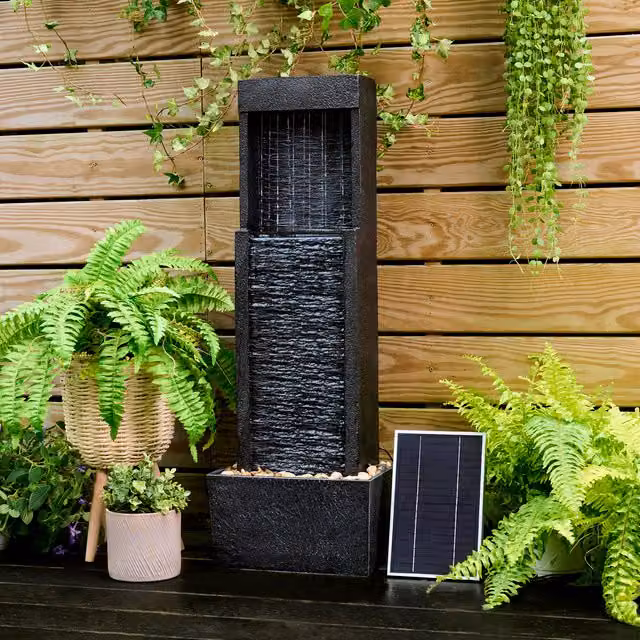 Teamson Home Solar Powered Rectangular Cascade Outdoor Water Feature with LED Lights in Grey and Black
