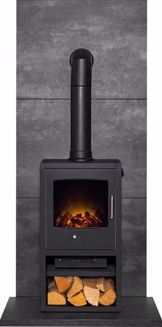 Acantha Bergen XL Electric Wall Mounted Stove and Tile and Hearth Set in Grey with Slate Venetian Plaster Effect