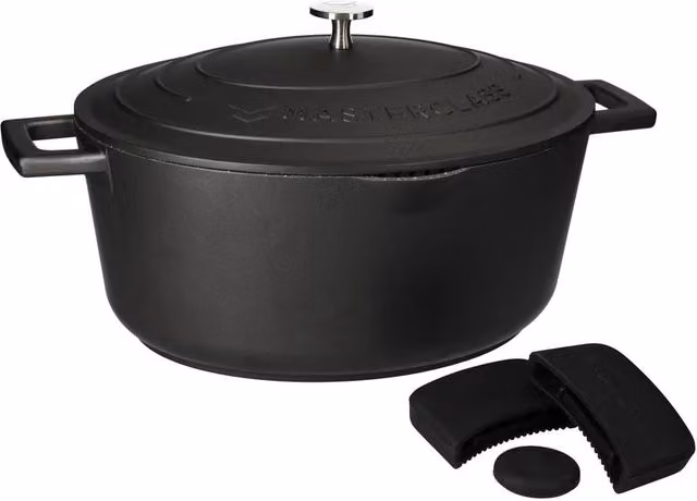 MasterClass Non-Stick Cast Aluminium Casserole Dish with Silicone Handle Covers, Black, 6L – 1