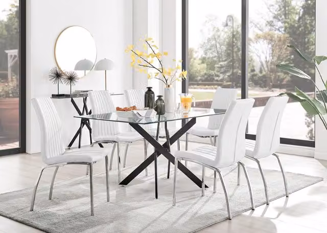 FurnitureboxUK Leonardo Rectangular Glass Dining Table with Six White Isco Chairs