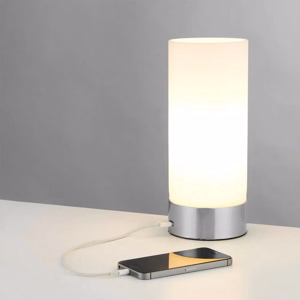 Loops Dimmable Touch Table Lamp in Silver with Frosted Glass Shade and USB Charger – 2