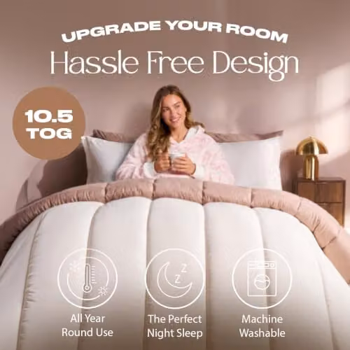 OHS 10.5 Tog Reversible Microfibre Coverless Duvet and Pillowcase Set, Beige/Sand, W: 135 cm, L: 200 cm – 2