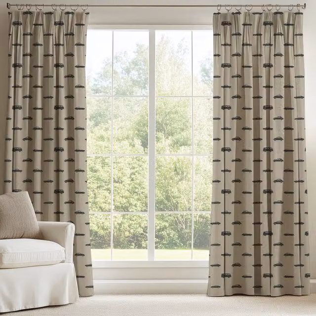 ANTE DECOR Made To Measure Blackout Cotton Curtains with Vintage Car Print in Anthracite
